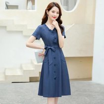 夏季短袖连衣裙2021年流行女装法国小众大码气质收腰显瘦薄款裙子(蓝色 M)