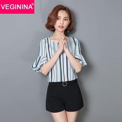 VEGININA 喇叭袖上衣圆领印花衬衫荷叶边打底衫 9600(D1 L) VEGININA 喇叭袖上衣圆领印花衬衫荷叶边打底衫 9600(D1 L)