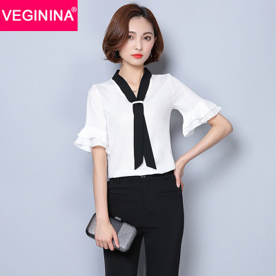 VEGININA 夏季荷叶边纯色修身显瘦短袖百搭雪纺衫女 9473(白色 S) VEGININA 夏季荷叶边纯色修身显瘦短袖百搭雪纺衫女 9473(白色 S)