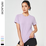 网纱透气运动T恤女夏季修身圆领短袖速干透气健身跑步上衣瑜伽服(紫色 S)