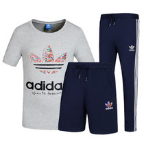 Adidas阿迪达斯 男新款运动T恤短袖休闲运动裤修身针织长裤短裤三件套(灰兰 4XL)