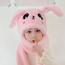 会动的兔耳朵帽子儿童围巾一体秋冬季女童可爱男童2021宝宝保暖帽(2-4岁+一捏耳朵会动 舒棉绒-浅粉色)