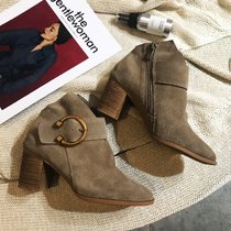 靴子秋冬时尚 欧美金属皮带扣高跟靴粗跟短靴女及裸靴踝靴黑(39)(沙色)