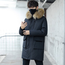 男士中长款羽绒服真毛领冬季过膝加厚保暖防寒羽绒风衣外套TP9100(黑色 XL)