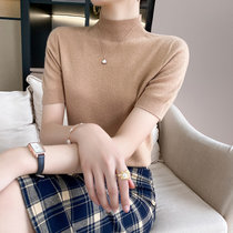 2021秋季新款短袖半高领羊绒羊毛衫女薄款纯色修身内搭套头针织衫(M 卡其色-短袖螺纹领)