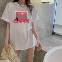 SUNTEK白色T恤女中长款宽松韩版短袖上衣春夏2022年新款印花内搭打底衫(XL A483*白色)