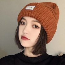 毛线帽子女冬季韩版加厚学生休闲针织帽大头围圆脸显小月子帽(布标*焦糖色（针织加厚）)