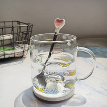 韩版猫咪玻璃杯景观水杯创意可爱杯子女学生早餐牛奶果汁杯带盖子(珊瑚和鱼带盖送爱心勺 默认版本)