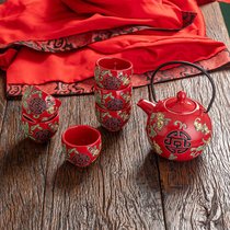 中式红色结婚陶瓷茶具套装双喜茶壶敬茶杯婚庆用品新娘嫁妆回礼物(纯红石榴花1壶6杯 礼盒包装)