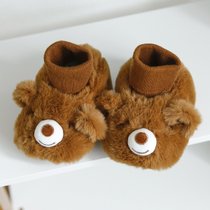 冬宝宝加绒地板鞋袜可爱婴儿鞋超软羊羔绒加绒地板中筒不掉袜套(棕色 大鼻子熊-防滑加 【S】0-12个月（脚10-12CM）)