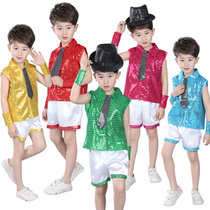 六一儿童爵士舞演出服男童街舞套装幼儿亮片表演服环保服装时装秀(亮片男孩黄色)(150cm)