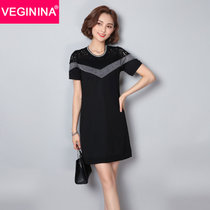 VEGININA 韩版时尚蕾丝短袖T恤针织拼接连衣裙女 9854(黑色 5XL)