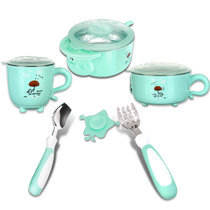 开优米 注水保温碗 婴幼儿吸盘碗勺套装辅食碗5件套(绿色)