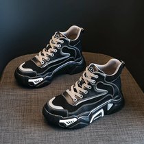 SUNTEK老爹鞋女冬季加绒2021新款鞋子厚底增高休闲鞋百搭高帮运动鞋(39 黑色单里)