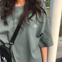 SUNTEK夏季新款小众设计感薄款上衣服别致甜酷宽松白色ins短袖T恤女装潮(XL 6635-绿色)