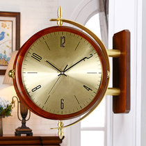 汉时（Hense)欧式复古实木装饰挂钟客厅轻奢静音双面钟HDS19(棕色实木外框-黄铜支架)