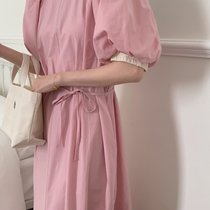 韩版气质纯色圆领宽松系带显瘦开叉拼色泡泡袖连衣裙(粉红色 均码)