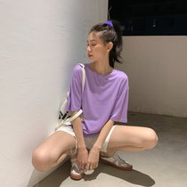 SUNTEK莫代尔棉短袖t恤女夏季薄款宽松垂感冰感冰丝面膜上衣大码白色夏(S 105以下 紫色圆领)