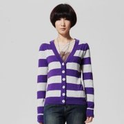 女V领条纹毛衫 111321045405(蔷薇紫 M)