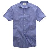 Johansson2013夏季新款男士加大码衬衣拼接全棉条纹短袖男装衬衫(蓝条 M/175)