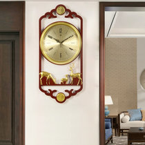 汉时（Hense)新中式实木复古装饰挂钟客厅古典静音石英时钟HW7333(富贵有鹿)