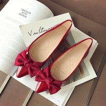 蝴蝶结尖头平底鞋子红色婚鞋2017新款 漆皮平跟鞋浅口单鞋女士鞋(41)(红色)