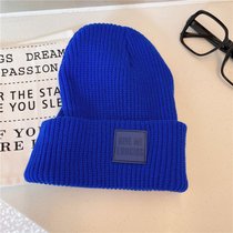 SUNTEK克莱因蓝色帽子美式毛线帽女秋冬复古百搭冷帽大头围针织帽字母(均码（56-58cm） 宝蓝)