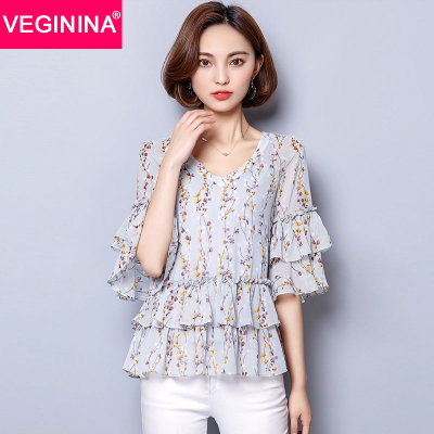 VEGININA 印花雪纺衫短袖夏季新款上衣百搭荷叶边V领小衫 9411(浅灰 S) VEGININA 印花雪纺衫短袖夏季新款上衣百搭荷叶边V领小衫 9411(浅灰 S)