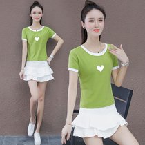时尚短袖T恤女夏天上衣丅血心型印花中学生圆领短装小矮个子(绿色 小爱心 M 70-90斤)