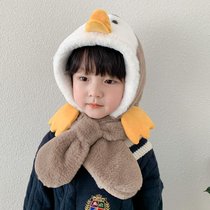 伊格葩莎儿童帽子企鹅宝宝护耳帽男女孩一体帽冬季雪地毛绒保暖围脖小围巾(卡其色 1-6岁)