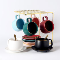 欧式小奢华创意描金咖啡杯碟套装陶瓷家用下午茶具咖啡器具配杯架(六杯六碟六勺U形金色杯架 默认版本)