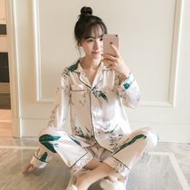SUNTEK冰丝睡衣女春秋季长袖2021年新款女士大码宽松ins家居服套装秋冬(树叶花朵【套装】)