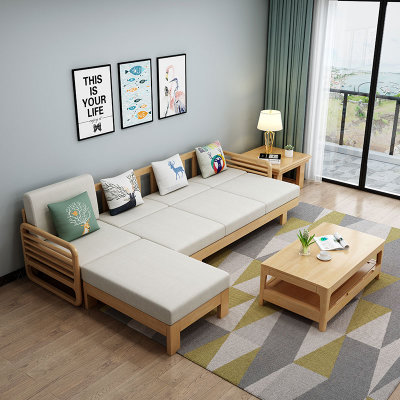 吉木多 北欧实木现代简约组合布艺L字型沙发(原木色 1+2+3+长茶几+方几)
