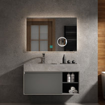 卫生间洗漱台现代简约浴室柜组合洗手洗脸盆岩板(90CM岩板陶瓷盆智能方镜)