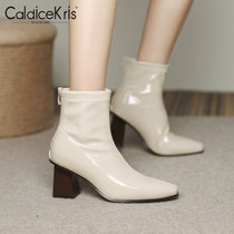 CaldiceKris（中国CK）冬季新款尖头裸靴弹力瘦瘦单靴英伦短靴女（绒里）CK-X9018-2(杏色 35)