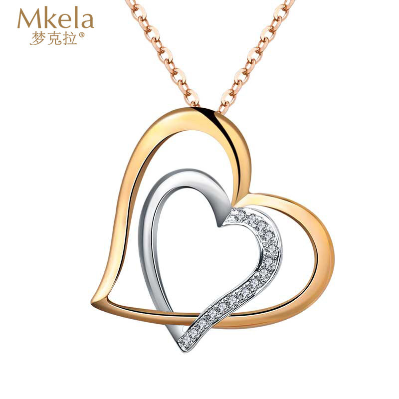 钻石饰品梦克拉18k金群镶钻石吊坠心形双色双心项链心形吊坠恋语返回