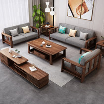 朷木 现代简约乌金木实木沙发1+2+3组合新中式家具布艺客厅木沙发整装(黑檀色 1+1+3+长茶几+方几)