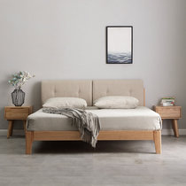 吉木多 北欧白橡木实木床主卧室1.8M经济型日式简约现代1.5米双人带软靠婚床(1.8*2米原木色 床+床头柜*2)