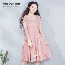 烟花烫XW女装修身绣花立体花中长连衣裙 微迷(粉红色 XL)