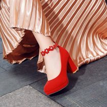 春夏女婚鞋高跟鞋大码单鞋新娘鞋粗跟绑带红鞋中式结婚礼鞋子(37)(黑色)