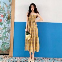 格子吊带雪纺连衣裙女2021气质森系长款小清新裙子收腰露肩长裙(黄色 XL)