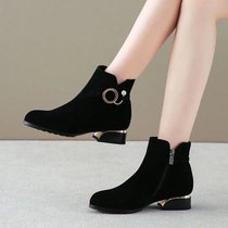 SUNTEK韩版小短靴女2021新款粗跟秋冬季磨砂女鞋低跟春秋短筒黑色马丁靴(39 黑色单里)