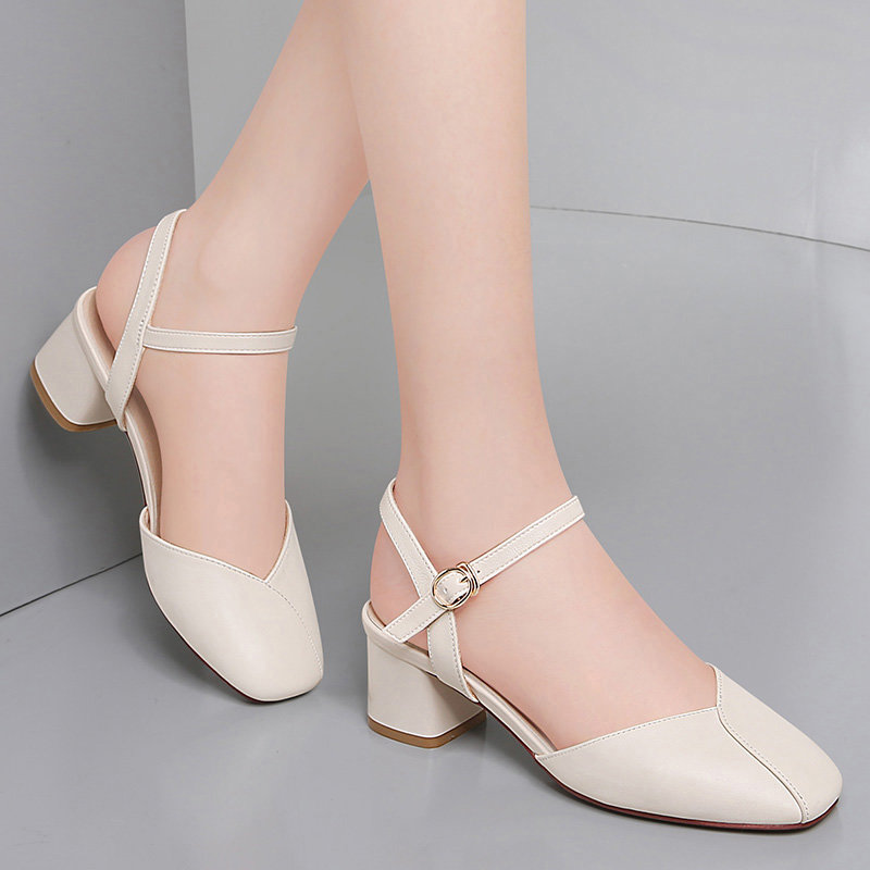 凉鞋古奇天伦头层牛皮粗跟凉鞋女新款夏季中跟真皮一字带方头夏天妈妈