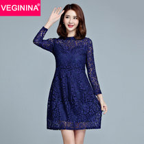 VEGININA 韩版蕾丝镂空修身显瘦长袖连衣裙 9880(蓝色 5XL)