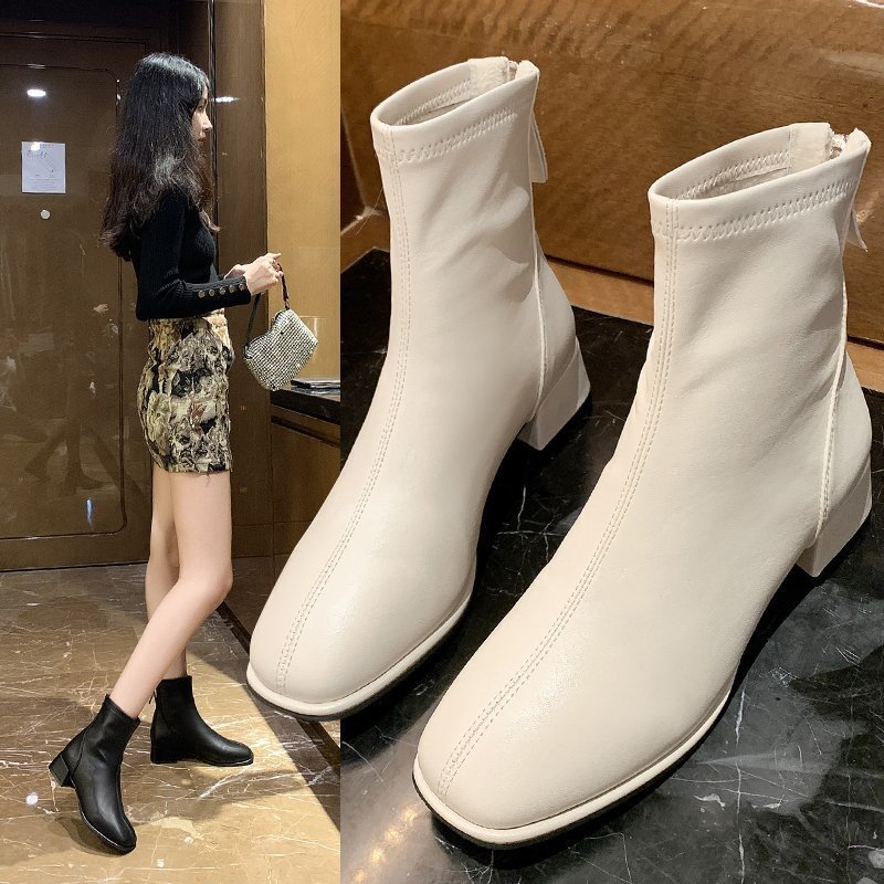 短靴女鞋2021新款春秋马丁靴百搭单靴冬季加绒白色瘦瘦靴子40米白色单
