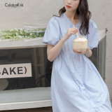 “CaldiceKris （中国CK）蓝色v领高腰A字泡泡袖连衣长裙CK-FSL0286“(蓝色)