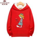 儿童加绒加厚卫衣秋冬中大童运动保暖上衣儿童套头衫 森女和猫(130码 红色)