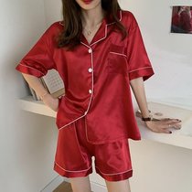 SUNTEK月牙城夏季冰丝睡衣女短袖长裤薄款春秋季开衫大码家居服两件套装(X红色)