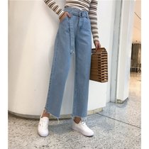 春季女装新款韩版高腰阔腿裤宽松腰带浅色牛仔裤直筒裤长裤潮 蓝色(蓝色)(L)