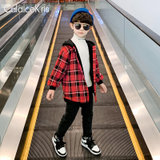 CaldiceKris（中国CK）男童秋冬红格子加绒带帽休闲格子衬衫CK-TF7147